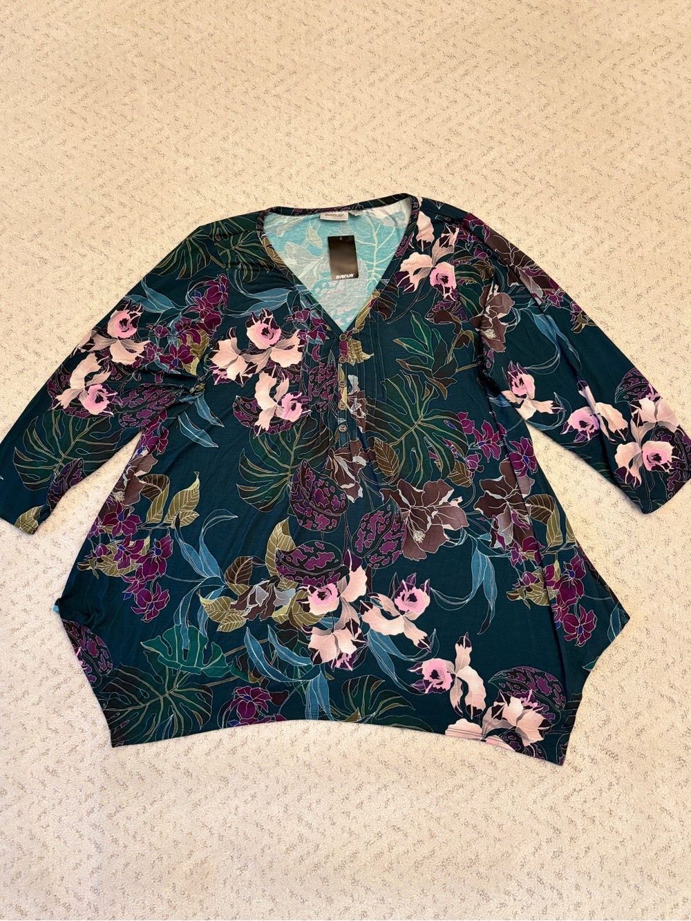 Avenue NEW Casual V Neck Top Size 20 XL 1X Tropical Print Teal Blue Green